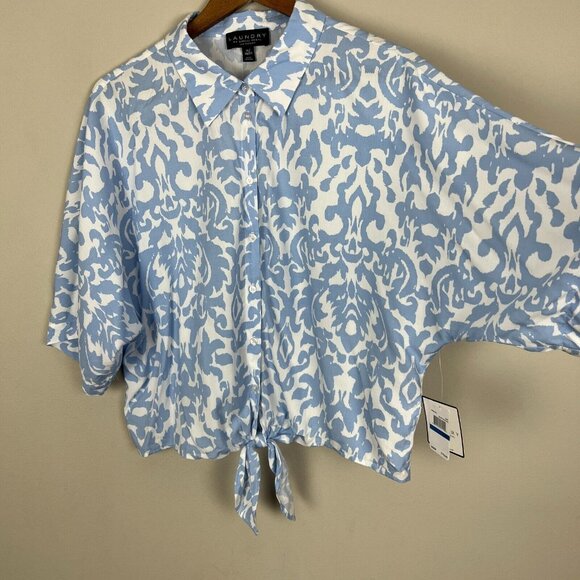 Laundry by Shelli Segal Top XL Blue Damask Crop Button Up Tie Hem 3/4 Dolman Sl - Picture 6 of 11